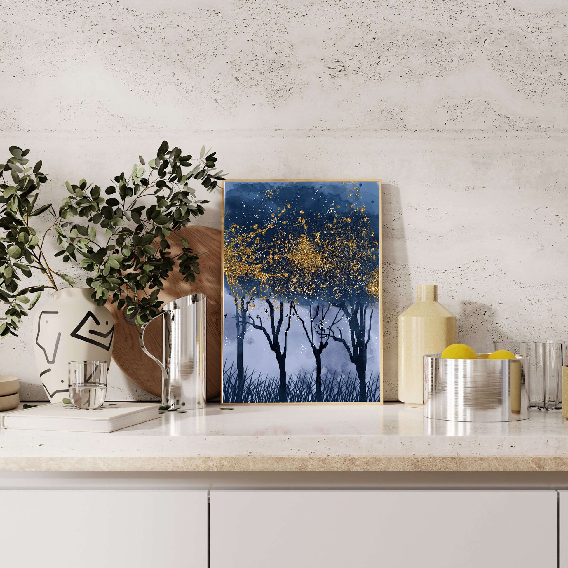 Mystical forest landscape with gold splatter art