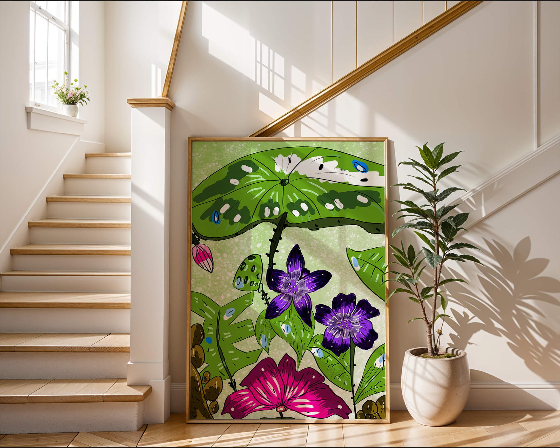 Bunte Blumenillustration mit exotischen Blumen und Blättern