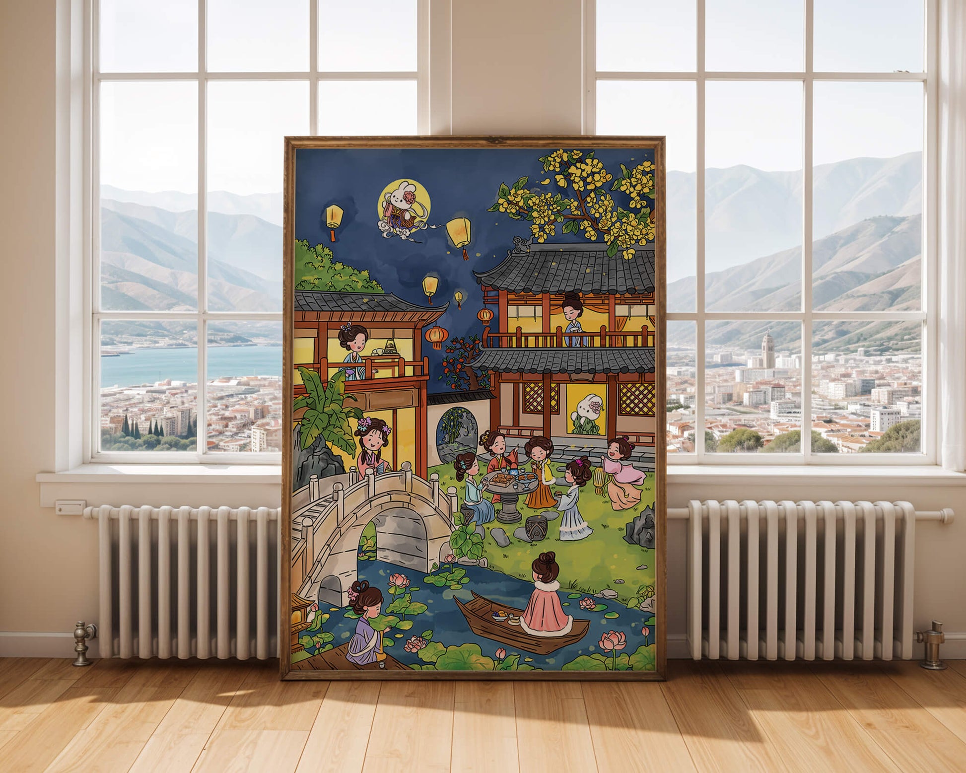 Escena de jardín chino tradicional con linternas y conejo lunar