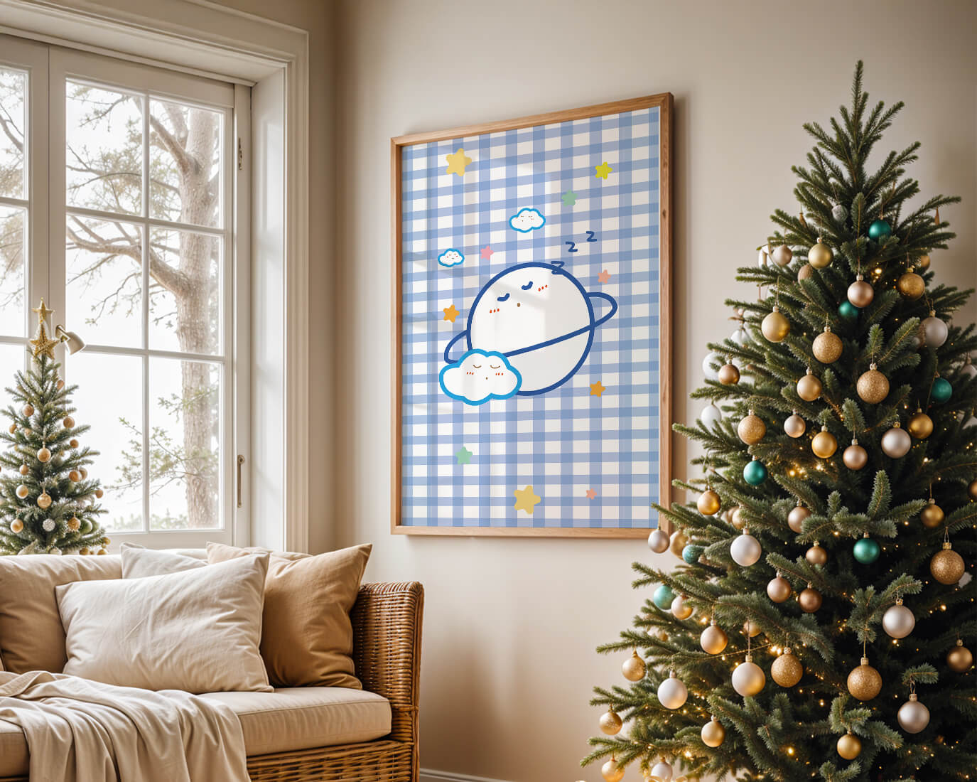 Whimsical sleep theme with planets and clouds on a checkered background