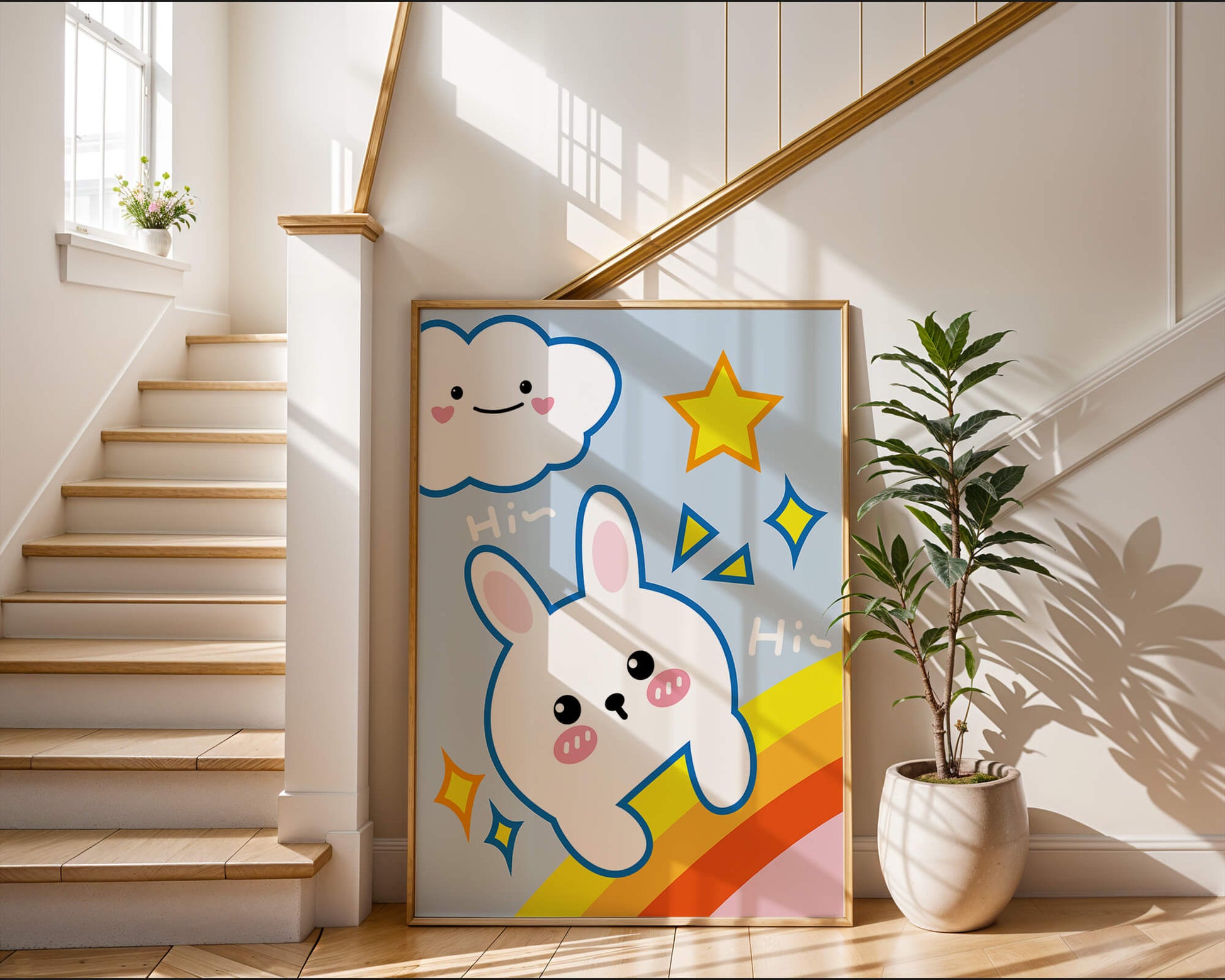 Whimsical cartoon bunny with cloud and rainbow theme