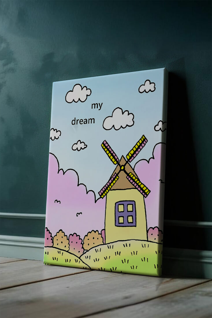 Windmill in a pastel landscape with fluffy clouds and bushes