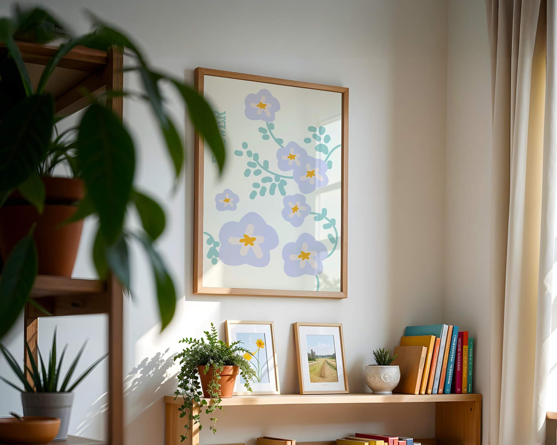 Floral design with pastel flowers and abstract leaves