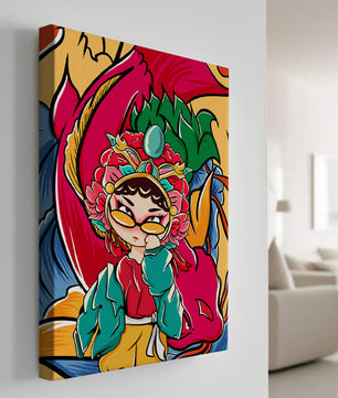 Vibrant illustration featuring a character in traditional costume with dragon elements