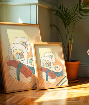 Illustration of assorted sushi on a wooden board