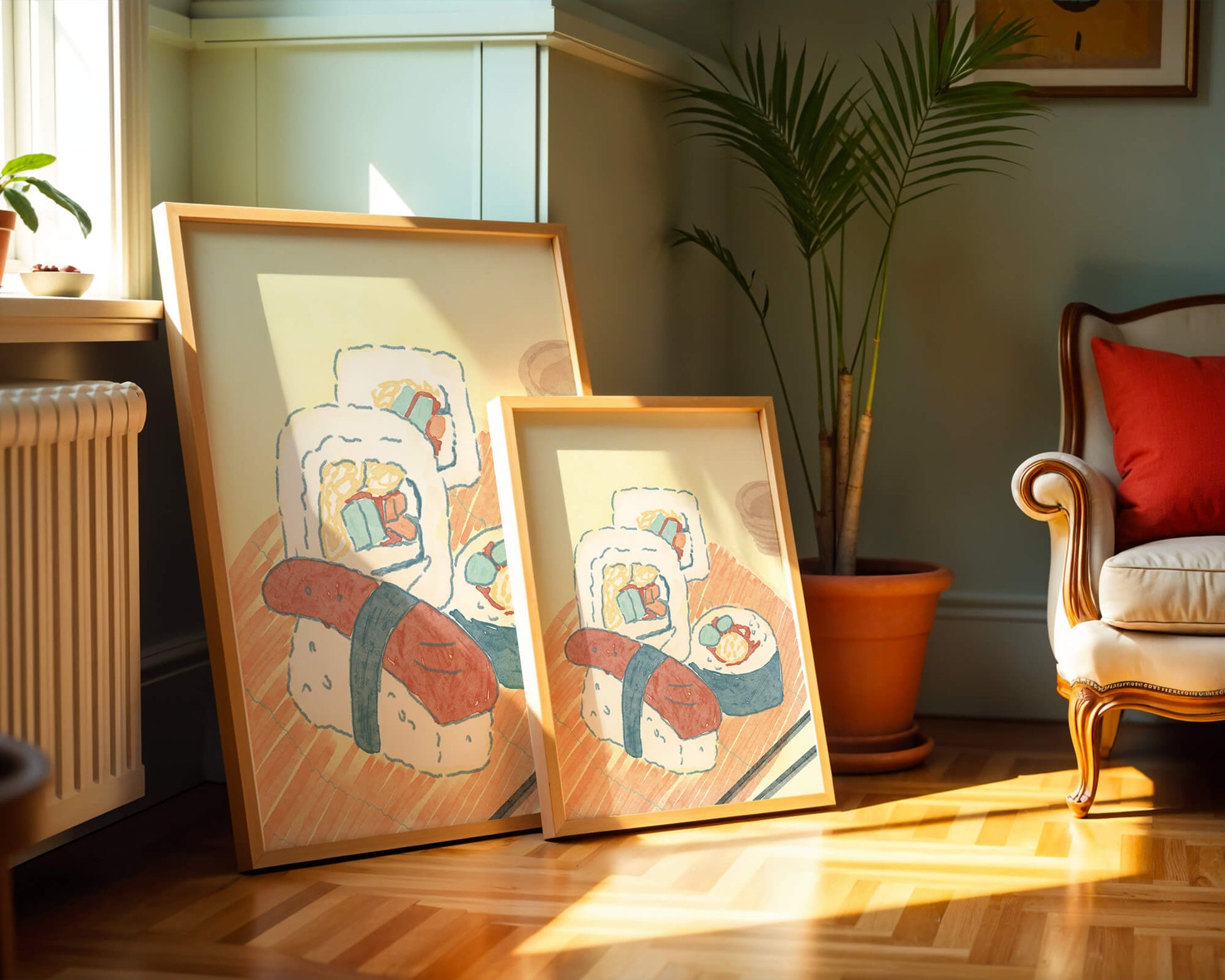 Illustration of assorted sushi on a wooden board