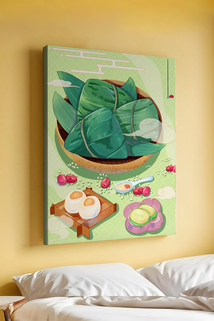 Traditional Asian food illustration with rice dumplings and mooncakes on a green background