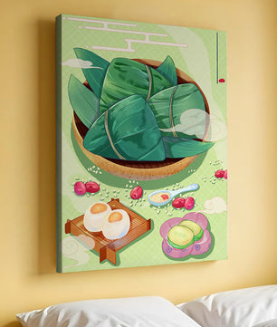 Traditional Asian food illustration with rice dumplings and mooncakes on a green background