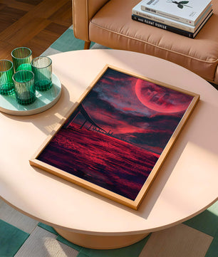 Surreal Scarlet Landscape with Bridge and Celestial Body