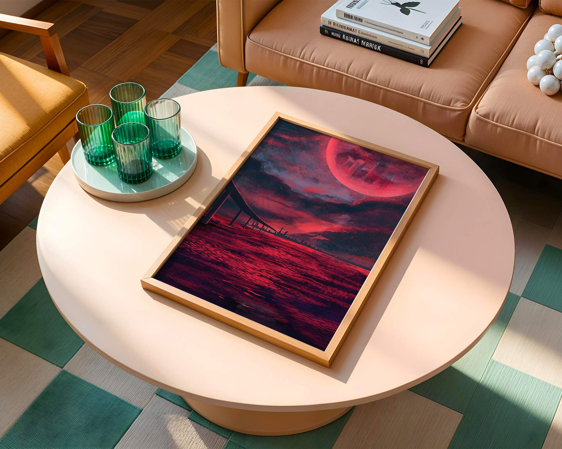 Surreal Scarlet Landscape with Bridge and Celestial Body
