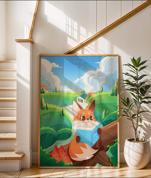Fox Reading a Book in Scenic Green Landscape with Watermelon Slices