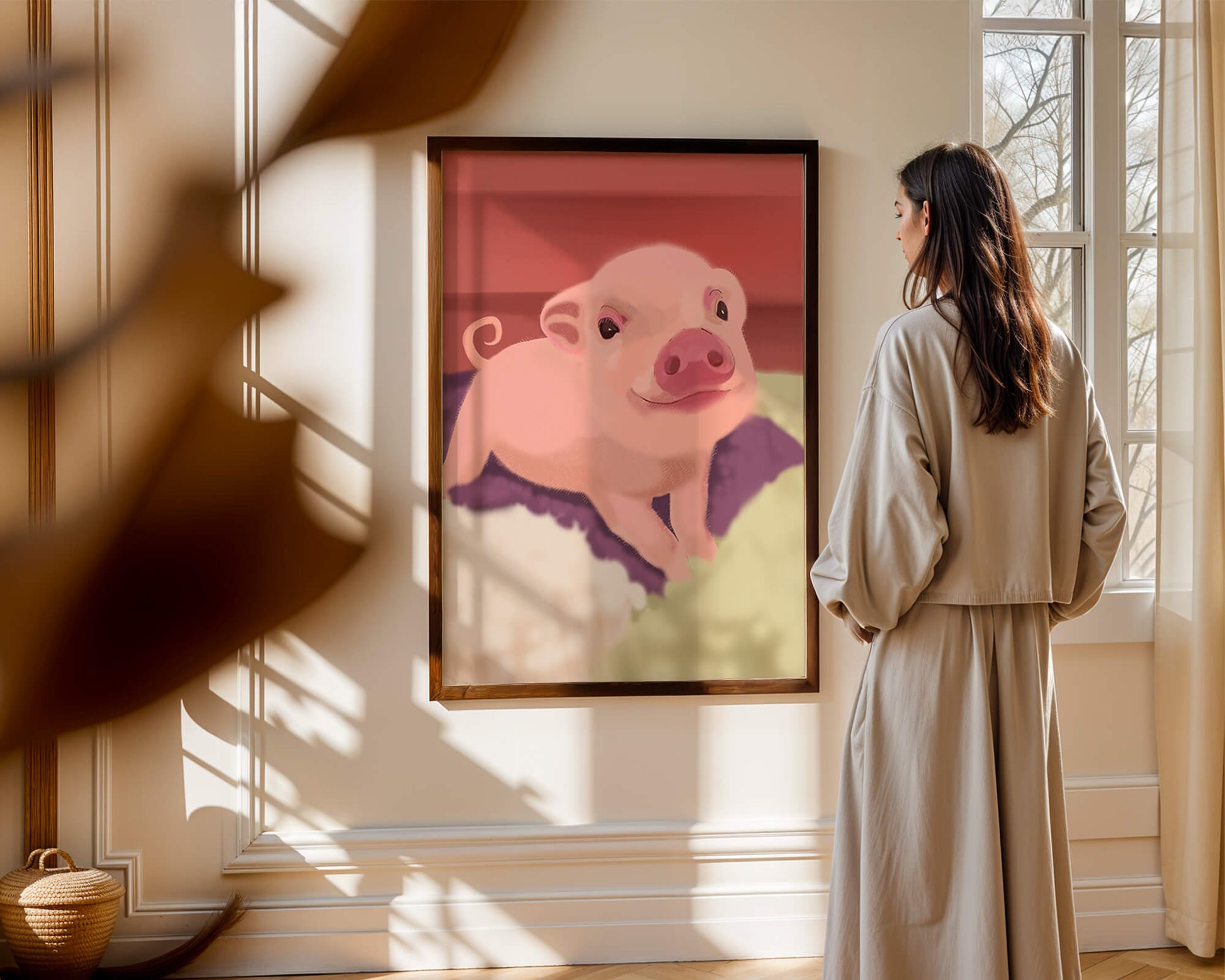 Una encantadora ilustración de un lindo cerdito con un fondo cálido.