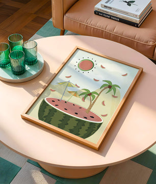 Summer Paradise with Watermelon Sun and Palms in Surreal Landscape