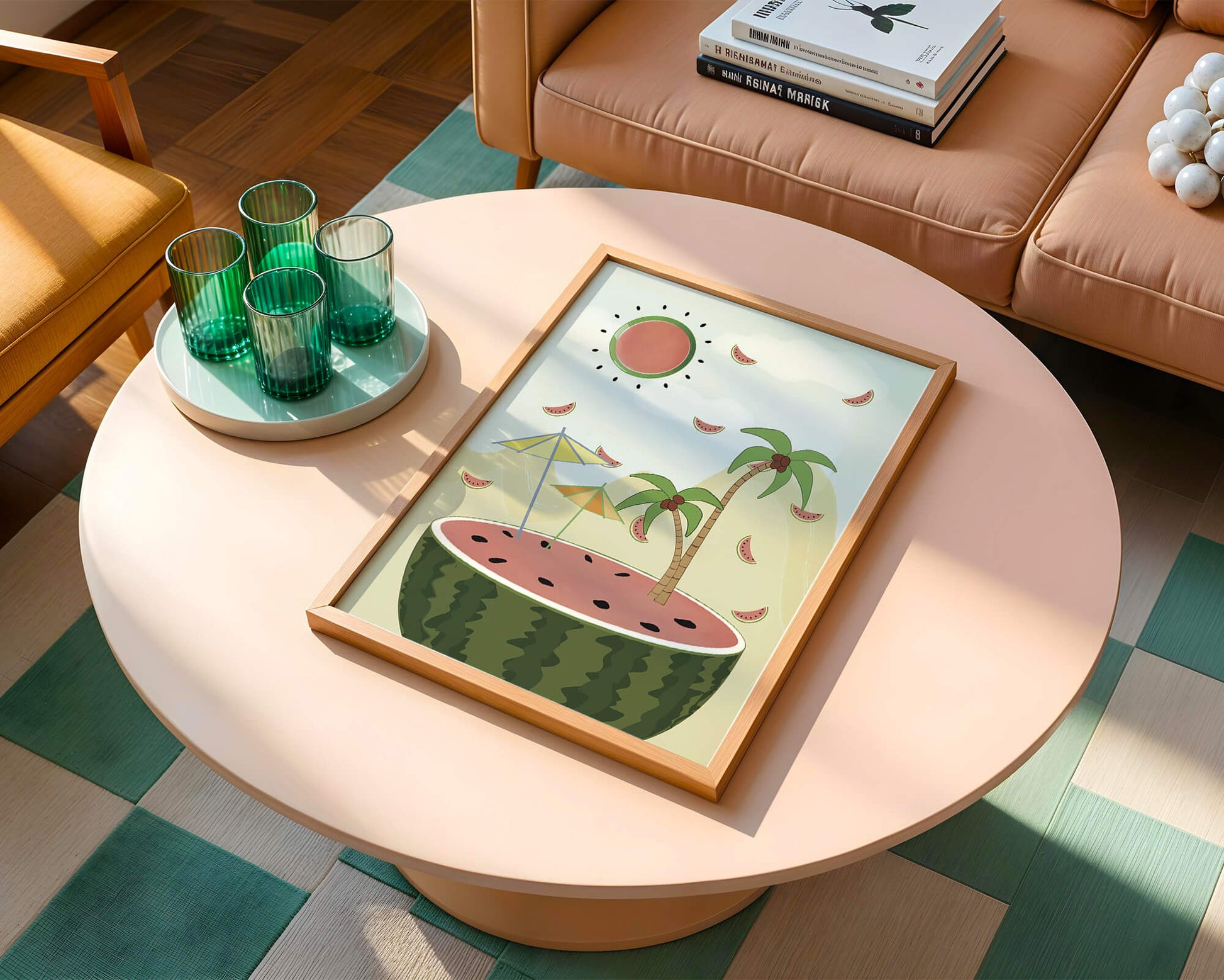Summer Paradise with Watermelon Sun and Palms in Surreal Landscape