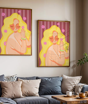 Ilustración abstracta de una mujer serena con el pelo largo y rubio y flores