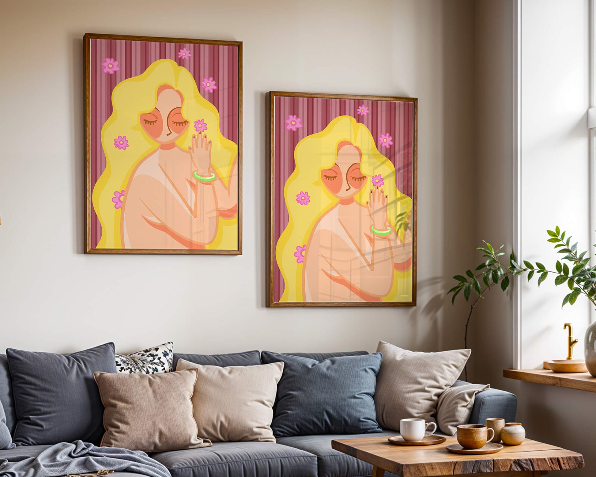 Ilustración abstracta de una mujer serena con el pelo largo y rubio y flores