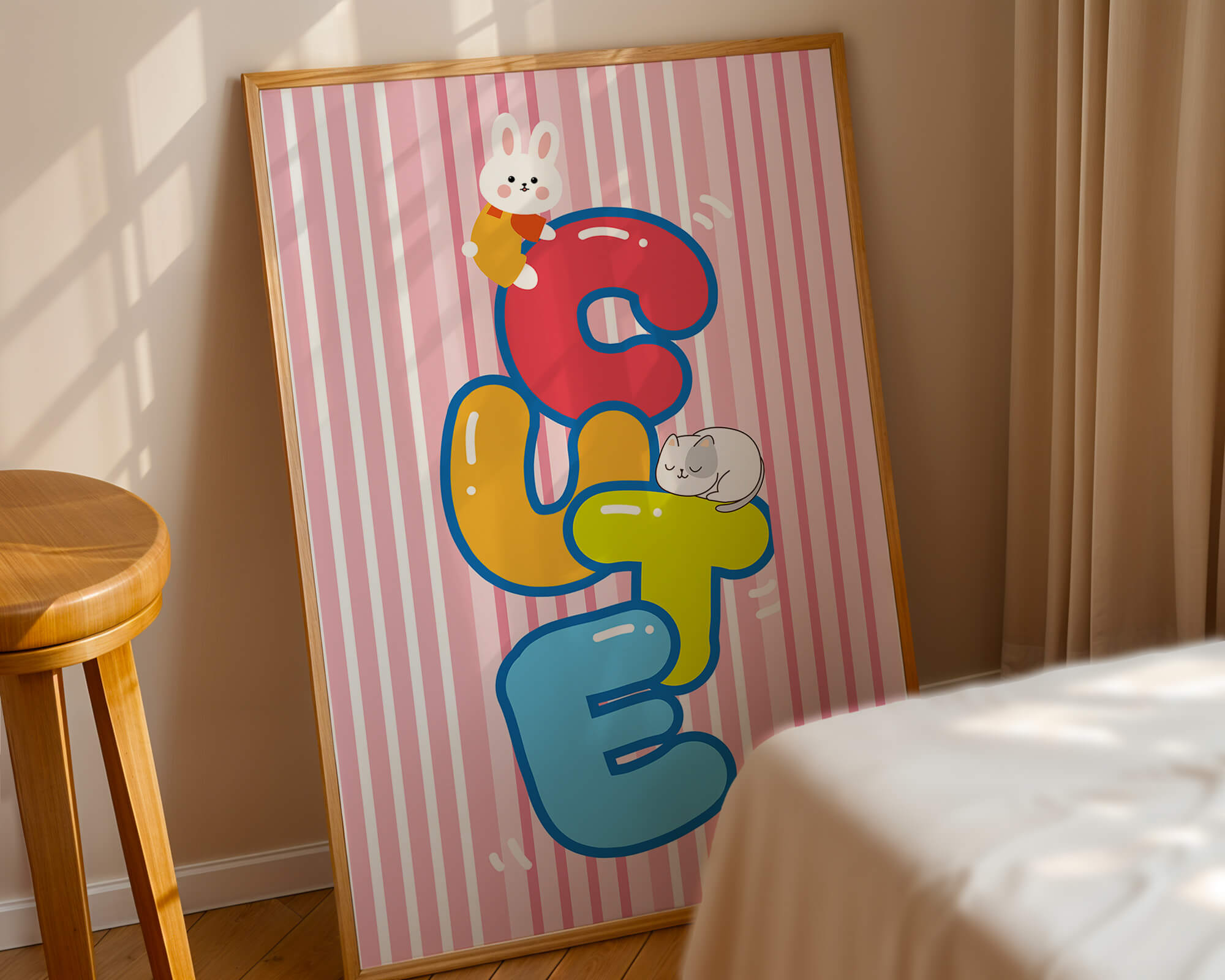 Playful cute illustration with bunny and kitten on colorful letters