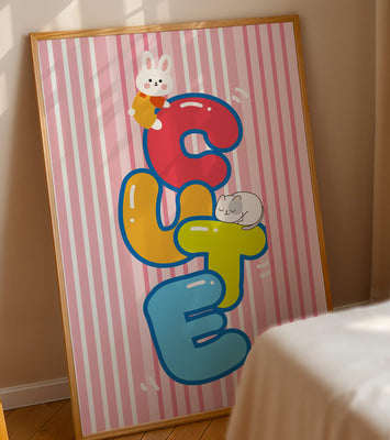 Playful cute illustration with bunny and kitten on colorful letters