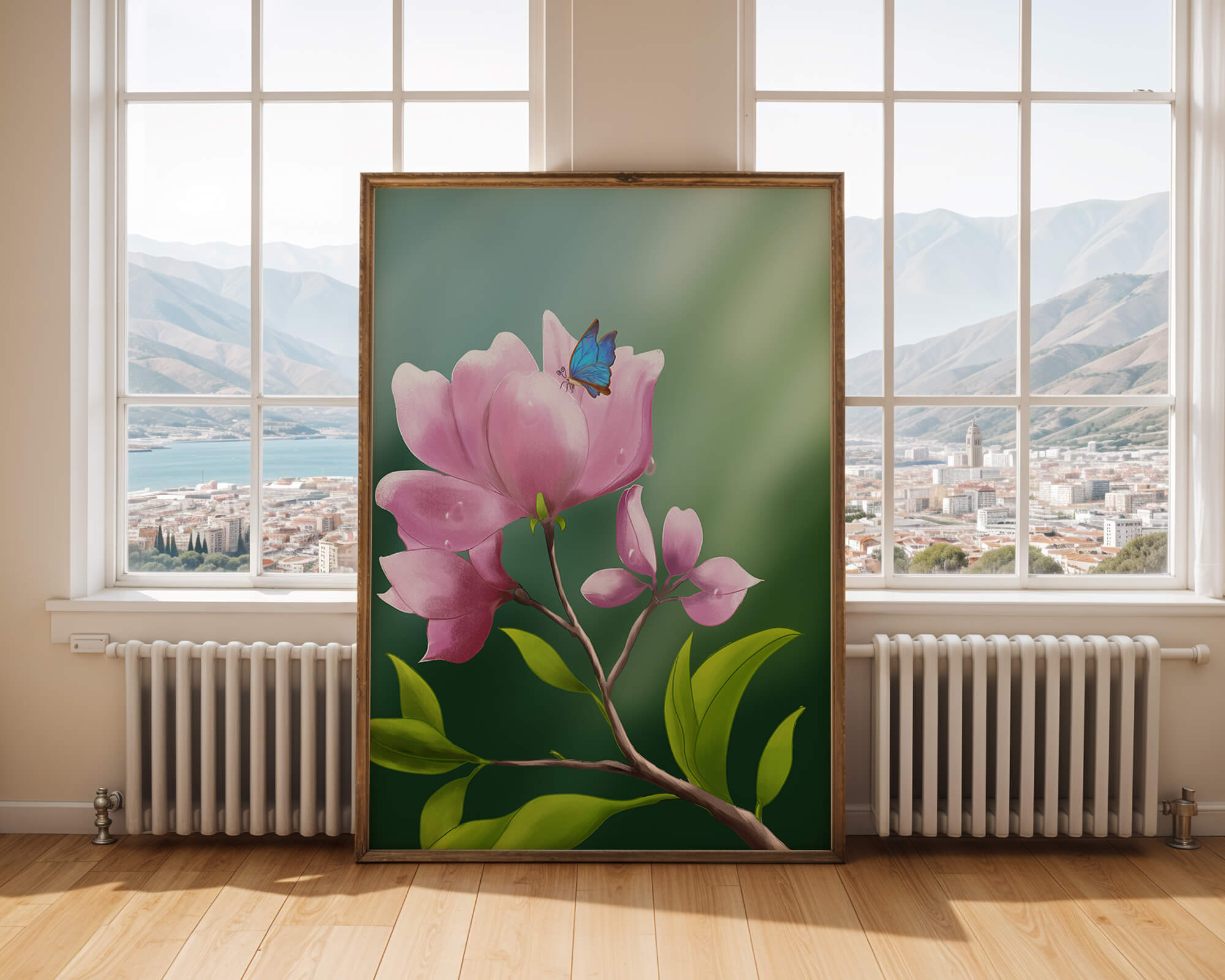 Delicate pink flower with a vibrant blue butterfly in a serene garden setting