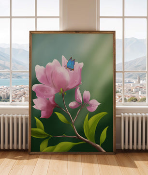 Zarte rosa Blume mit einem leuchtend blauen Schmetterling in einer ruhigen Gartenumgebung