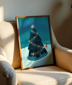 Winter scene with decorated Christmas tree and snowfall
