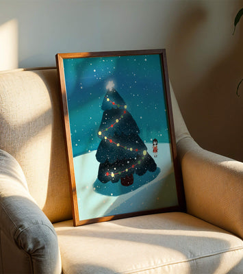 Winter scene with decorated Christmas tree and snowfall