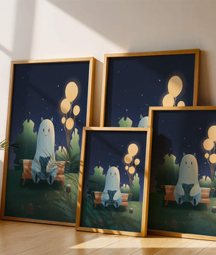 Ilustración nocturna acogedora con una criatura leyendo bajo un cielo estrellado