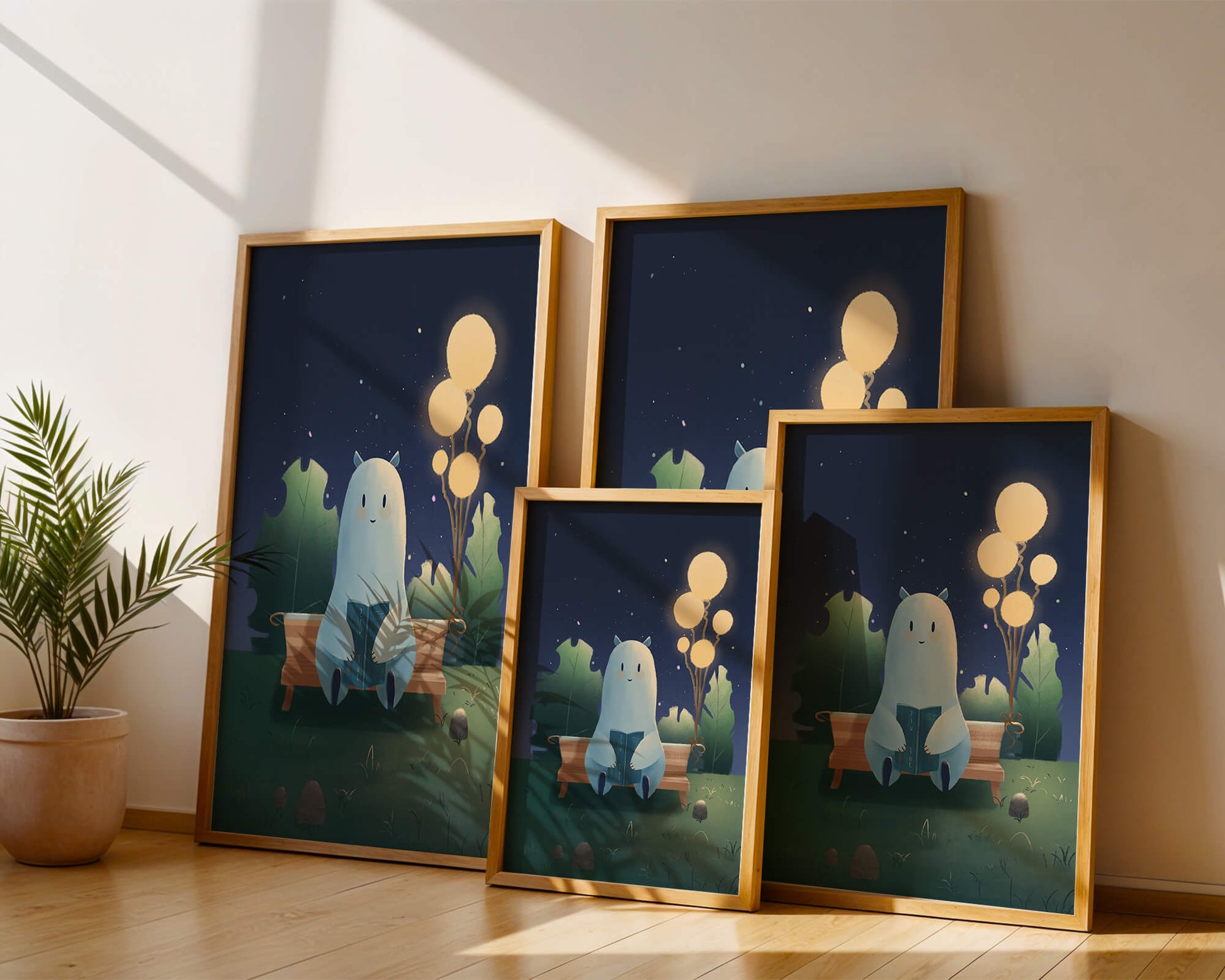 Cozy nighttime illustration with a creature reading under starry sky