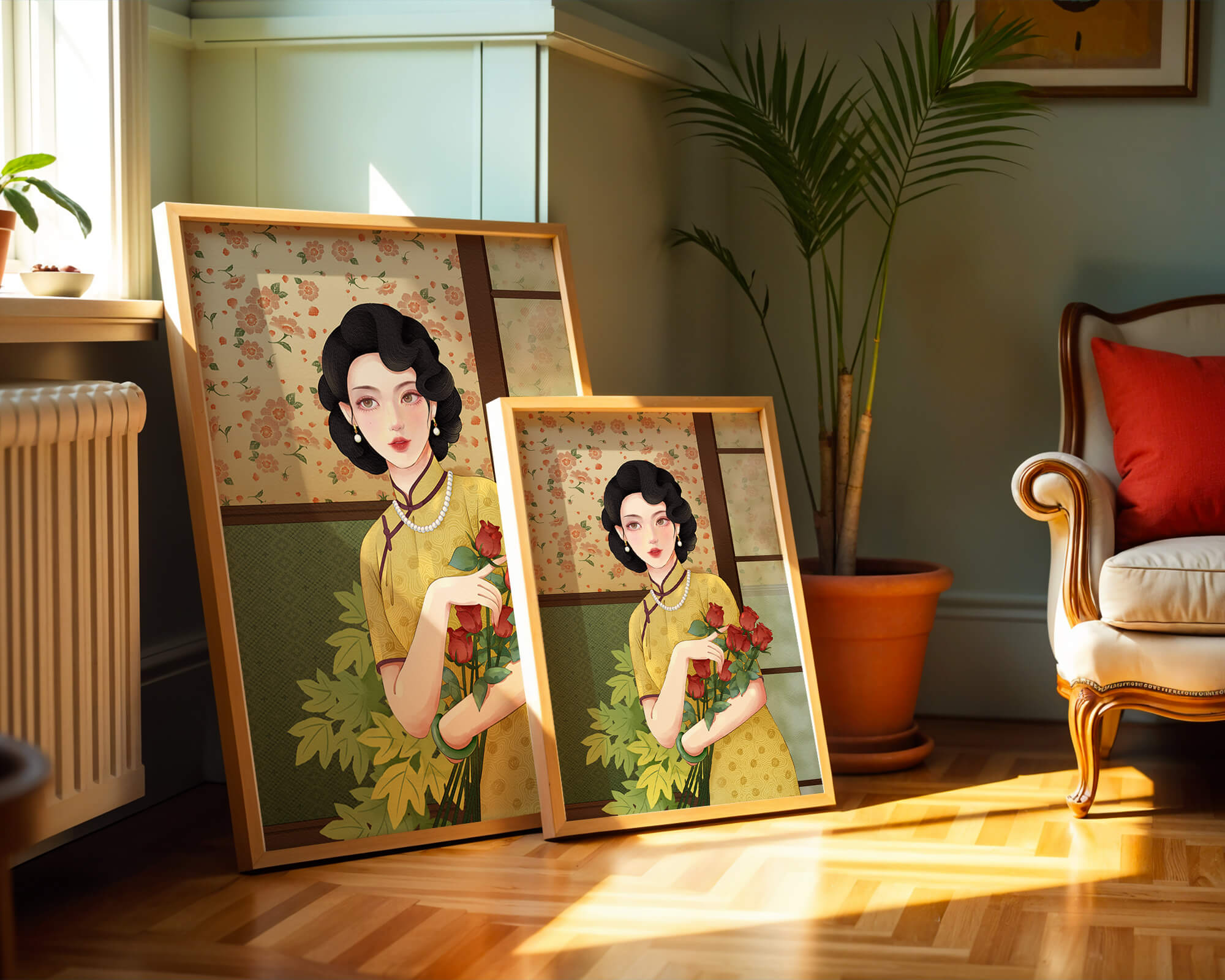 Elegant woman with floral backdrop holding a bouquet