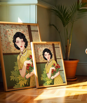 Mujer elegante con fondo floral sosteniendo un ramo