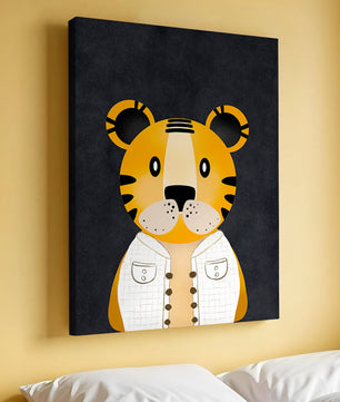 Illustration of cute cartoon tiger character in stylish outfit on dark background
