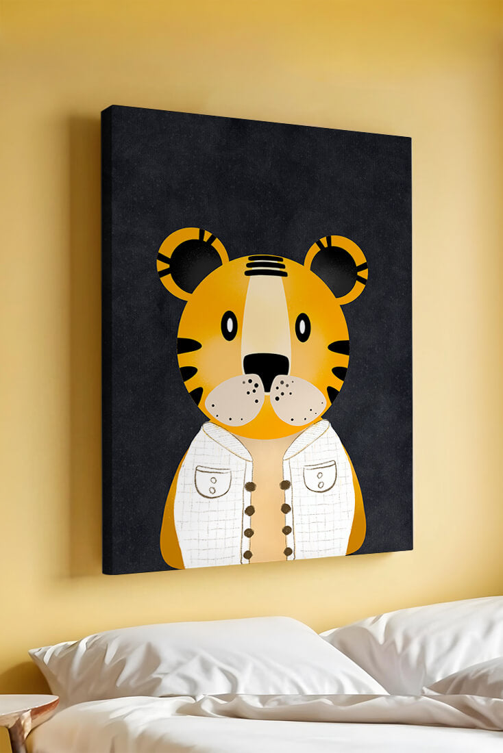Illustration of cute cartoon tiger character in stylish outfit on dark background