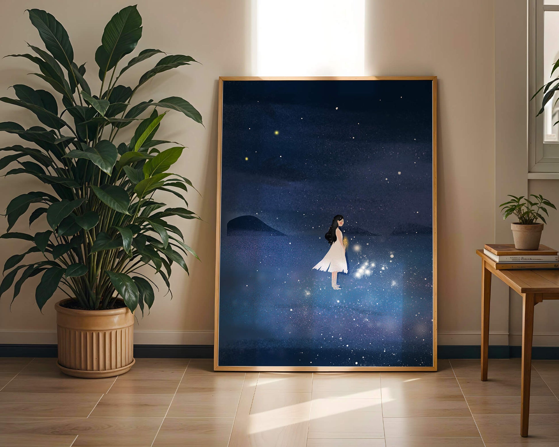 Girl in White Dress Gazing at Starry Night Sky