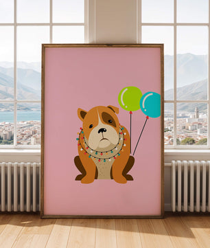 Perro de dibujos animados adorable con luces festivas y globos coloridos sobre fondo rosa