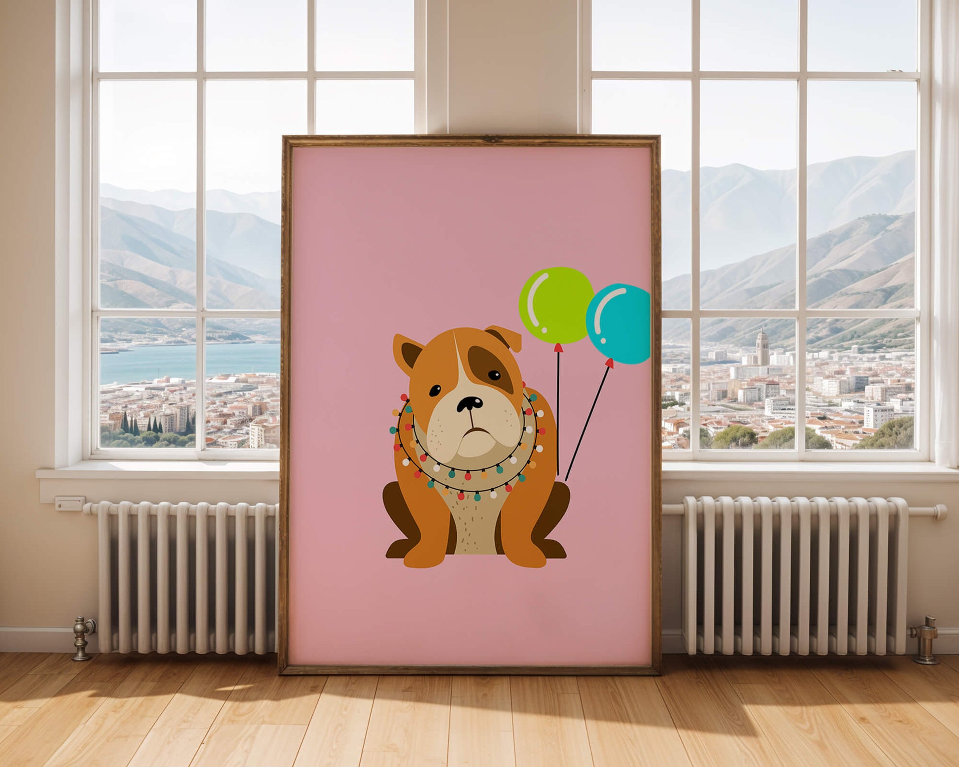 Perro de dibujos animados adorable con luces festivas y globos coloridos sobre fondo rosa