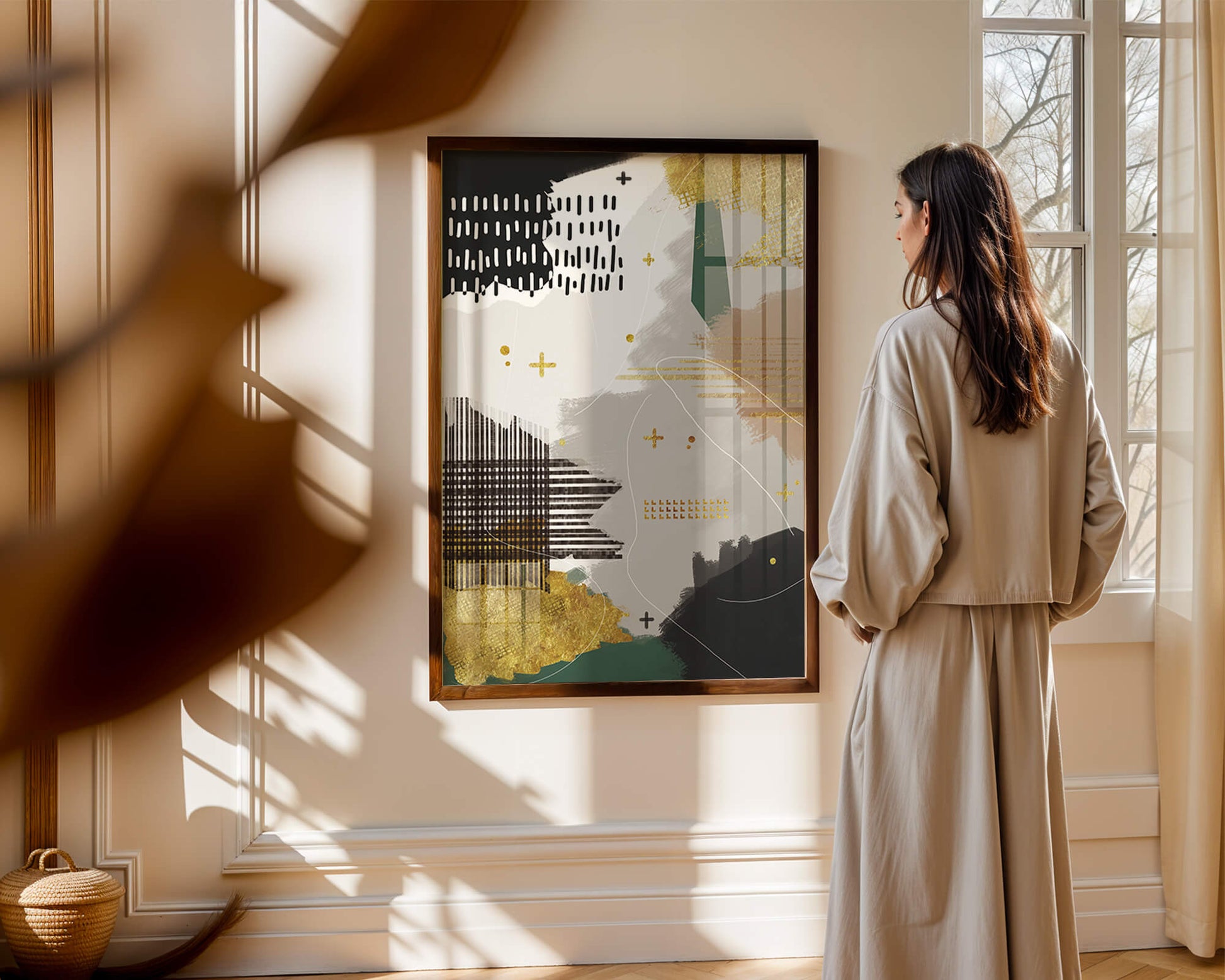Abstract mixed media art with gold and geometric patterns