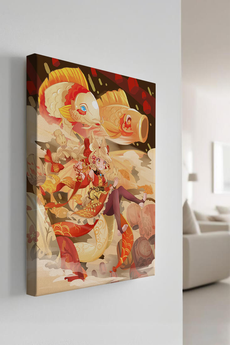 Vibrant anime character with mythical koi fishes and lanterns in dynamic scene