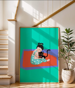 Gemütliche Illustration eines Mädchens, das eine Katze auf einer bunten Matte umarmt