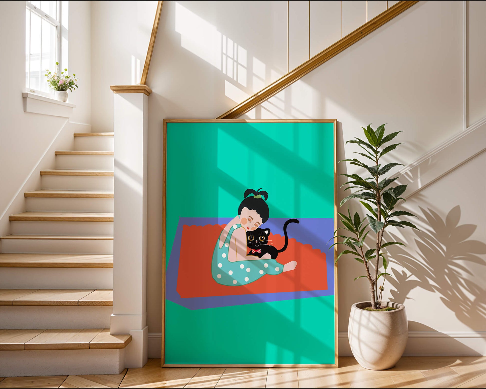 Gemütliche Illustration eines Mädchens, das eine Katze auf einer bunten Matte umarmt