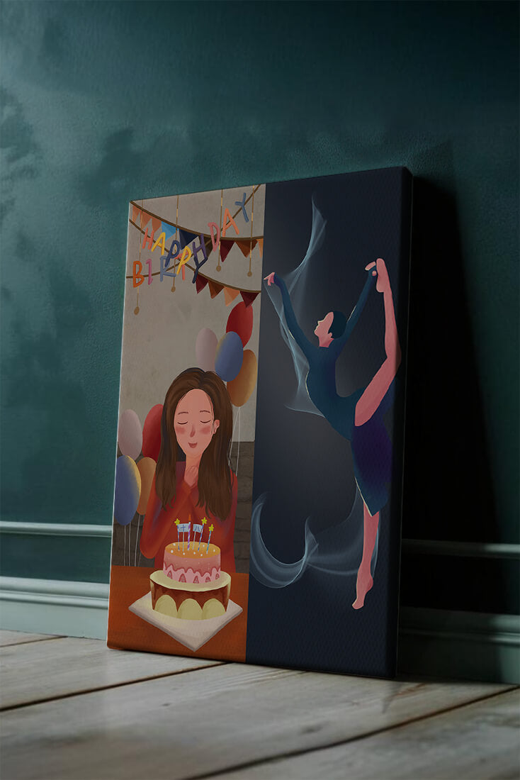 Birthday celebration illustration with cake and dancing figure
