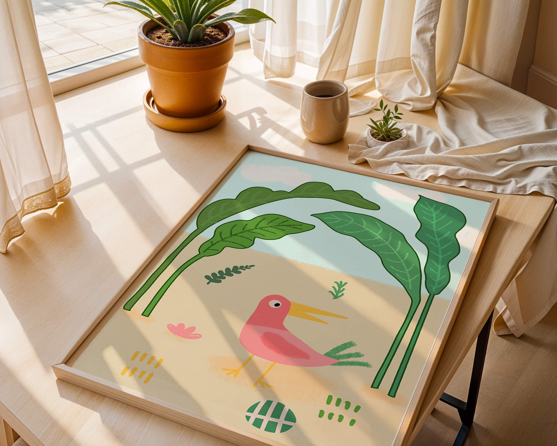 Colorful bird with large leaves and playful design