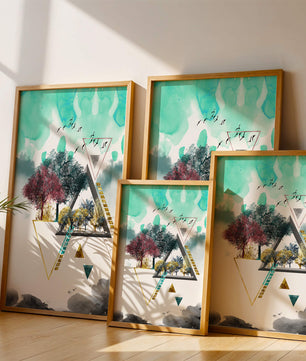 Abstract Geometric Landscape with Vibrant Trees and Birds - Mi tienda