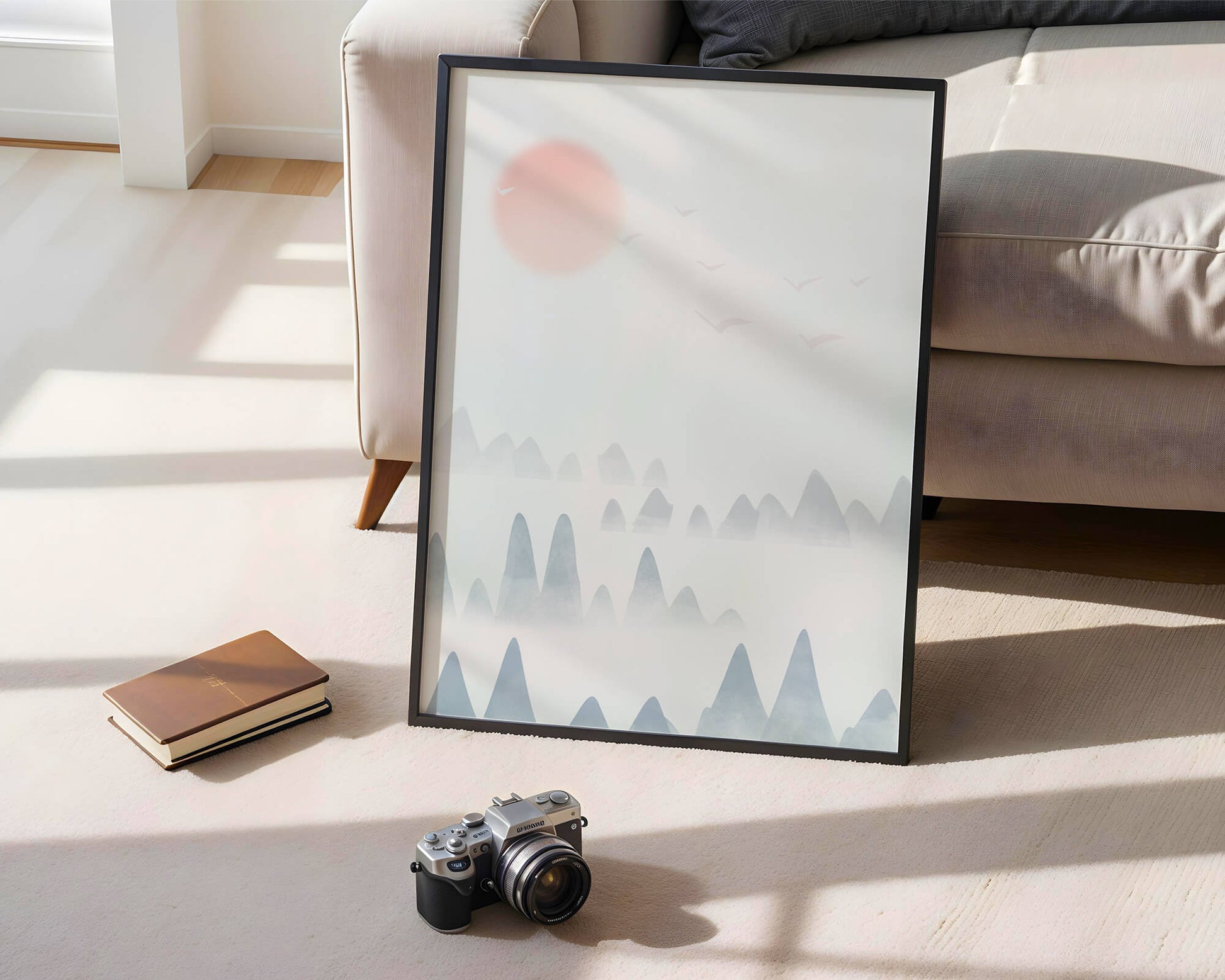 Minimalistic Mountain Landscape with Soft Colors and Birds in the Sky