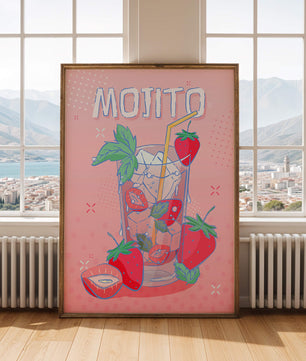 Ilustración de un mojito de fresa con fondo rosa vibrante y diseño juguetón