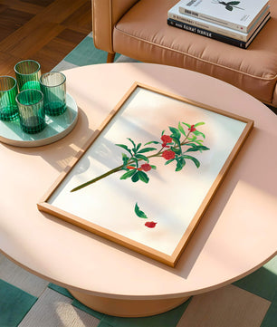 Ilustración detallada de una rama floreciente con flores rojas vivas y hojas verdes exuberantes