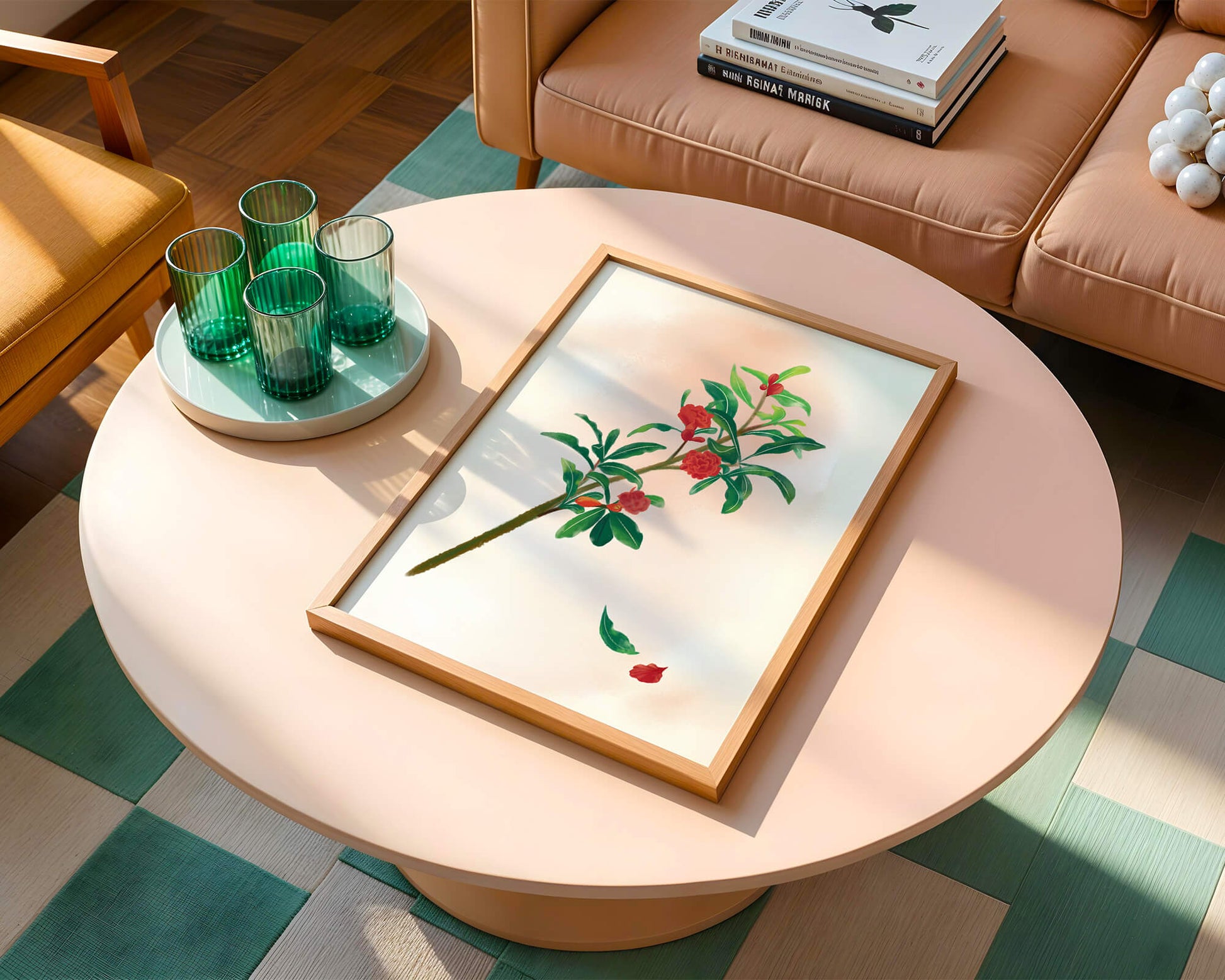 Detailed illustration of a flowering branch with vivid red blooms and lush green leaves