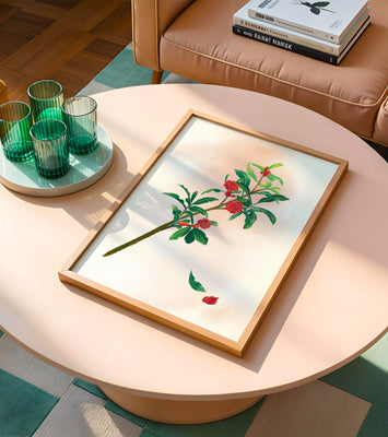 Detailed illustration of a flowering branch with vivid red blooms and lush green leaves