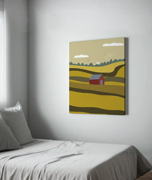Landscape With Red Barn Amidst Rolling Hills Under Blue Sky
