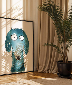 Illustration fantaisiste d’un chien bleu aux traits expressifs