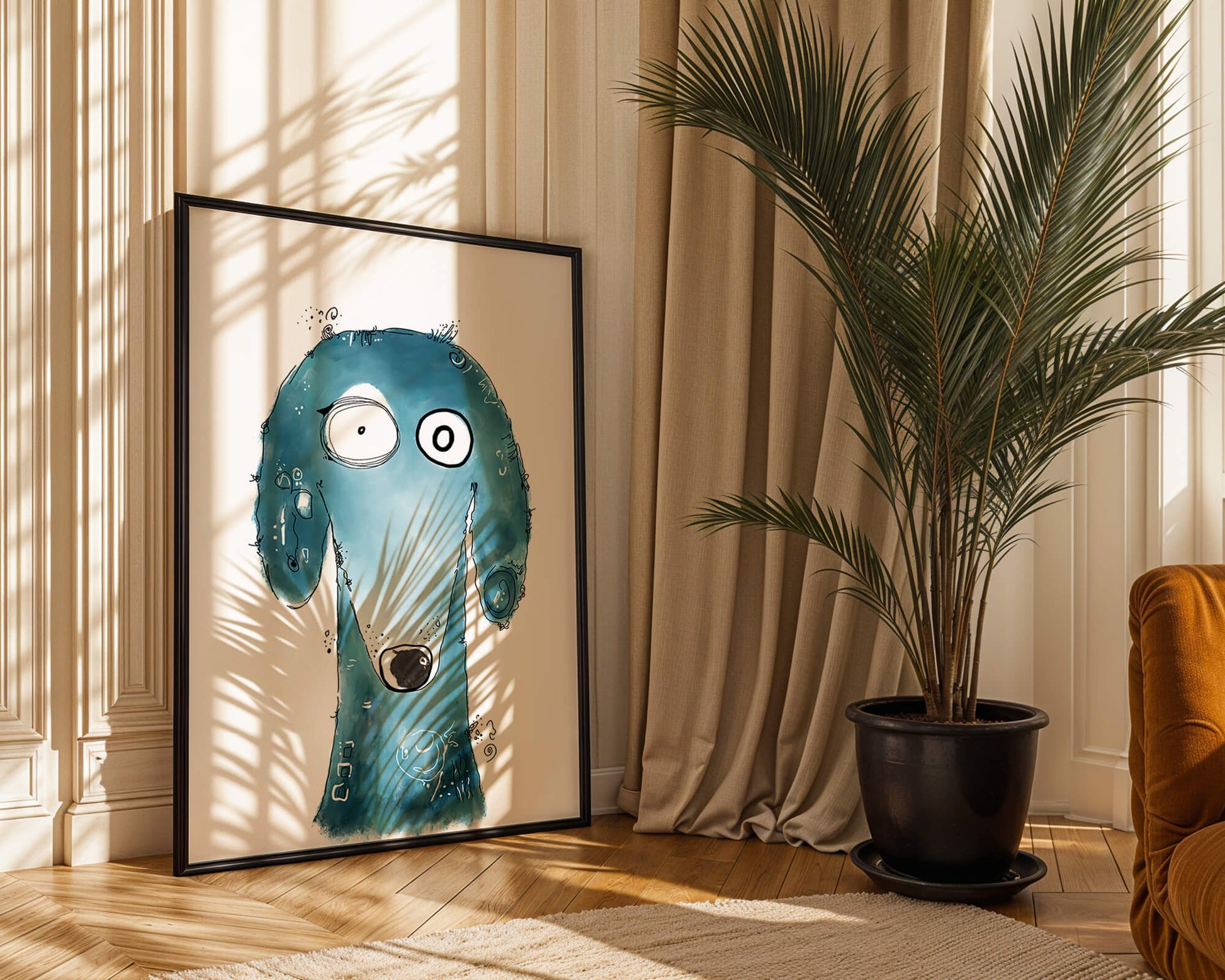 Whimsical blue dog illustration with expressive features